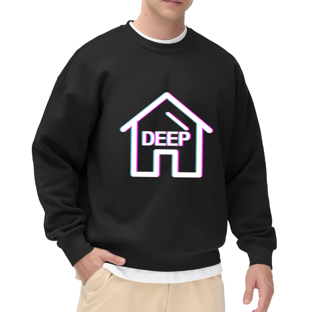 Deep House Glitch Crewneck Sweatshirt - Minimal Line Art Home Graphic, Vaporwave Aesthetic Pullover, EDM Top