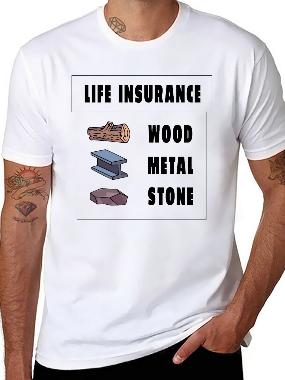 Life Insurance Black T-Shirt Wood Metal Stone Design