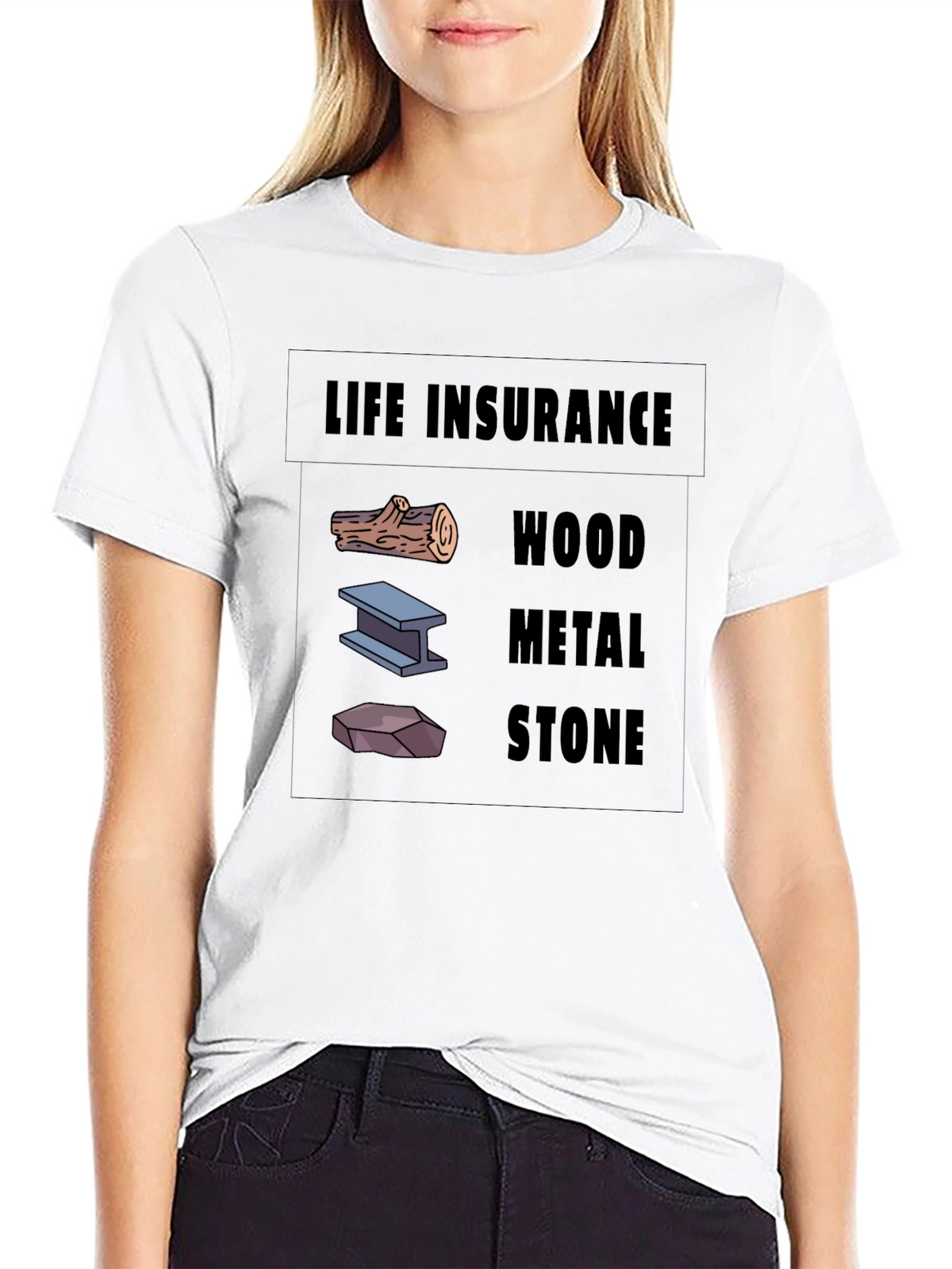 Life Insurance Black T-Shirt Wood Metal Stone Design