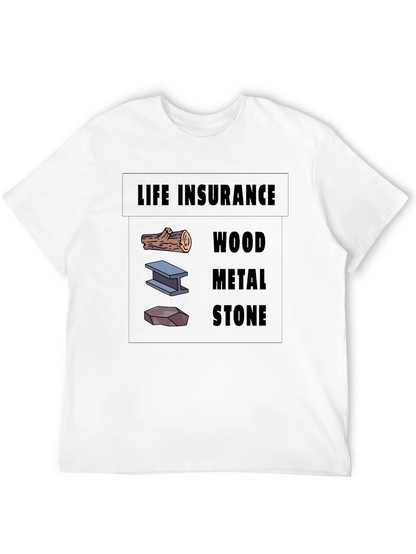 Life Insurance Black T-Shirt Wood Metal Stone Design