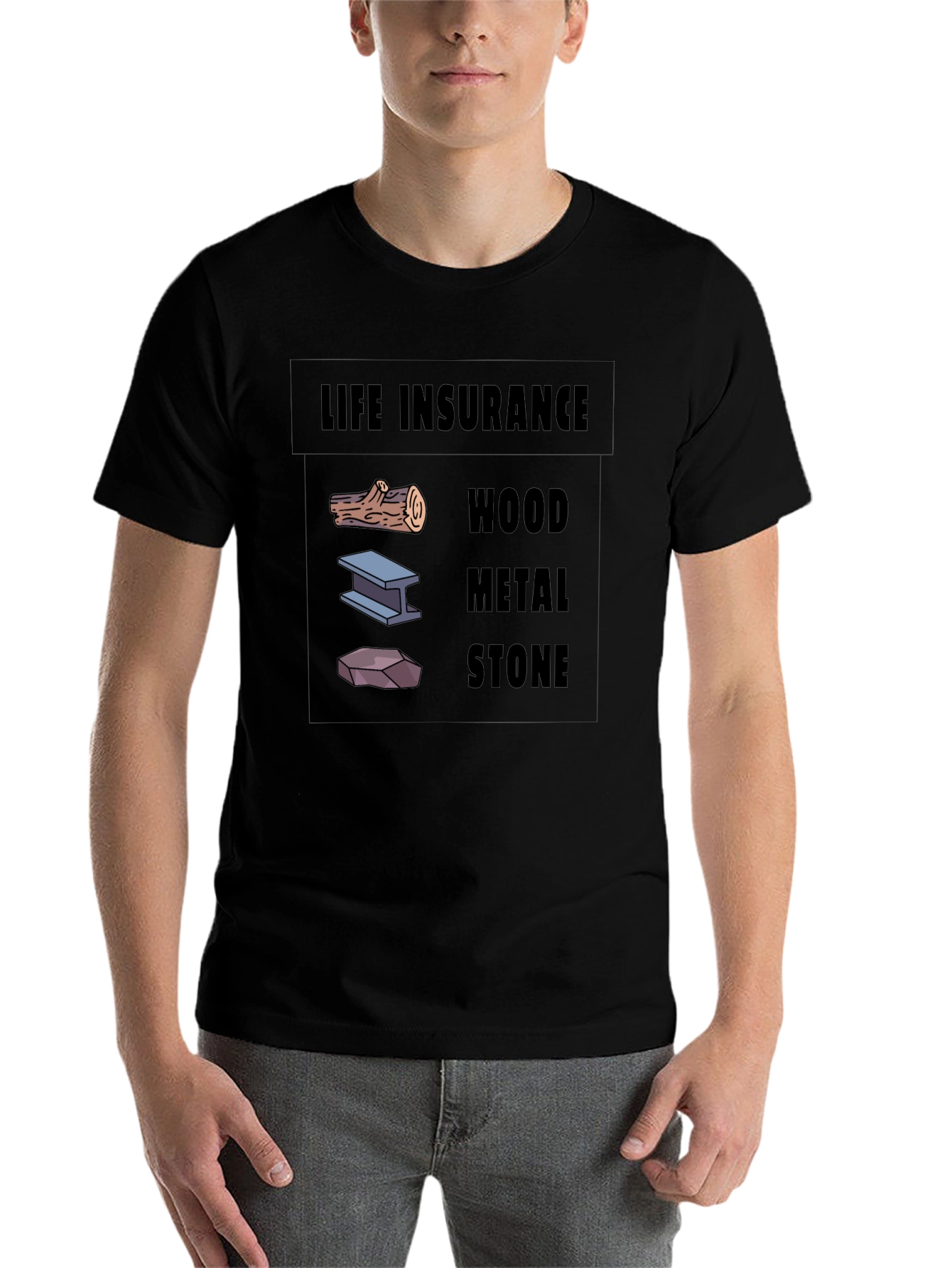 Life Insurance Black T-Shirt Wood Metal Stone Design