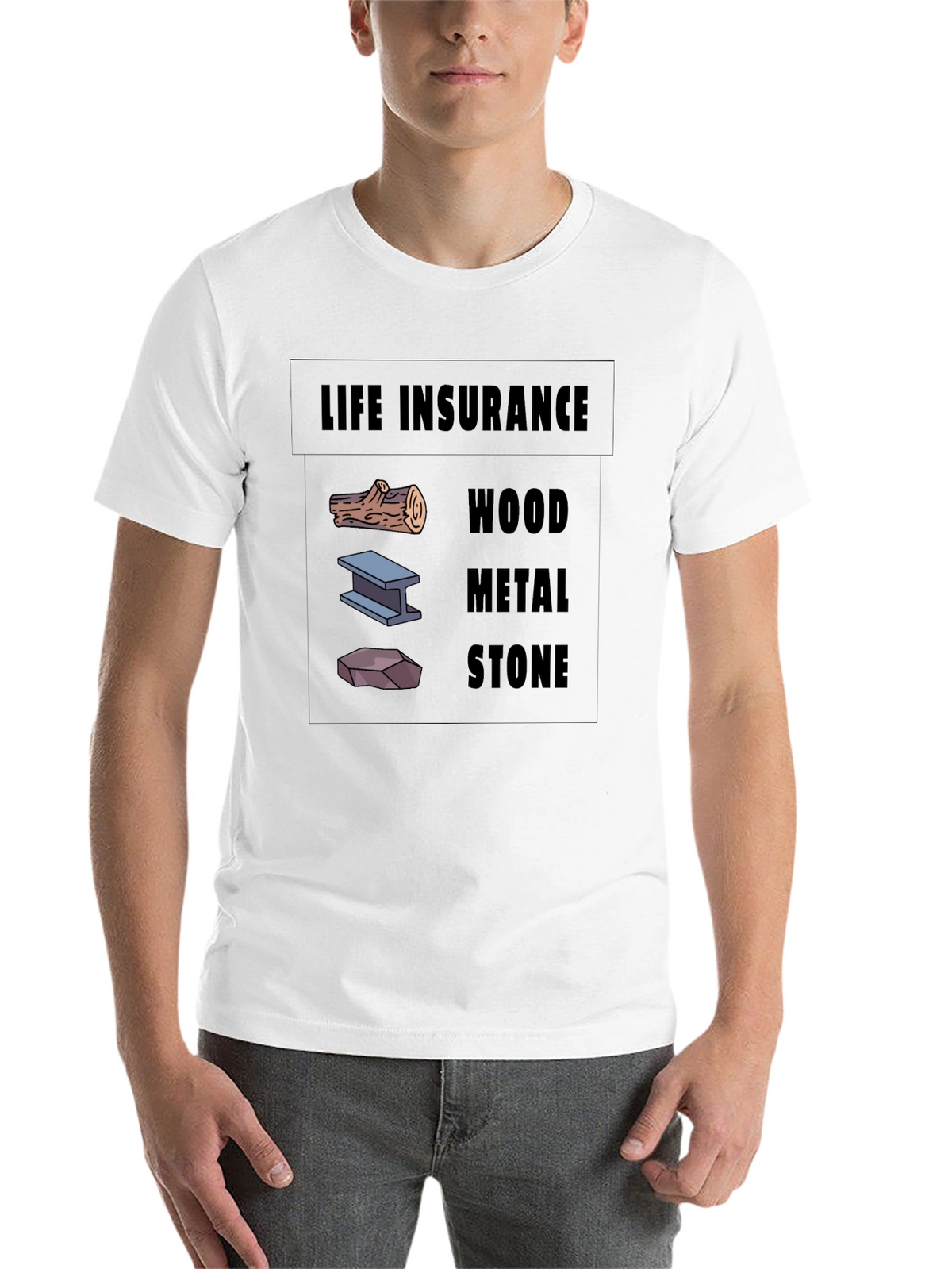 Life Insurance Black T-Shirt Wood Metal Stone Design