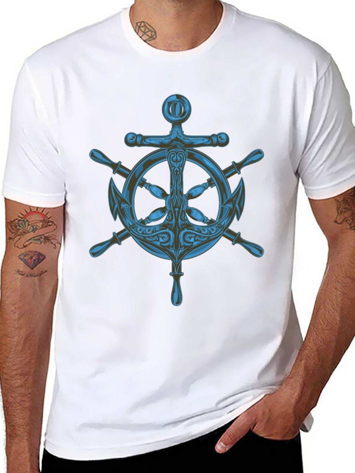 Nautical Anchor Wheel Graphic Black T-Shirt