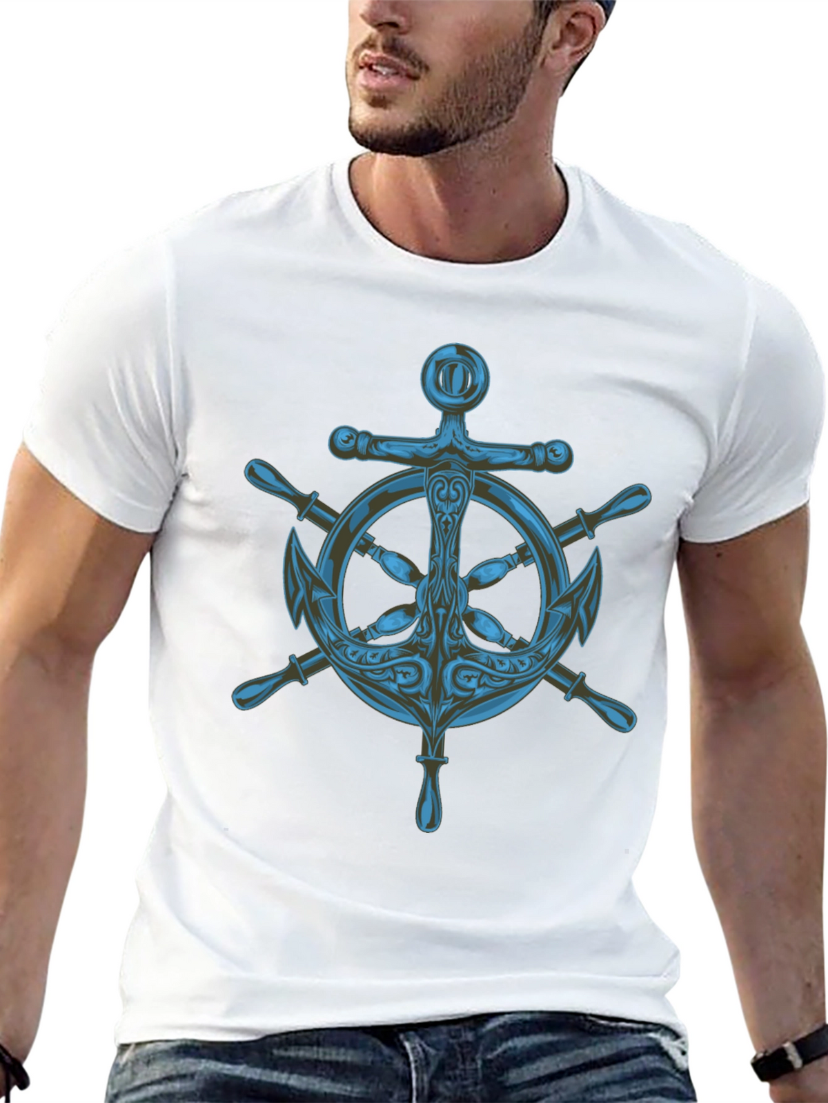 Nautical Anchor Wheel Graphic Black T-Shirt