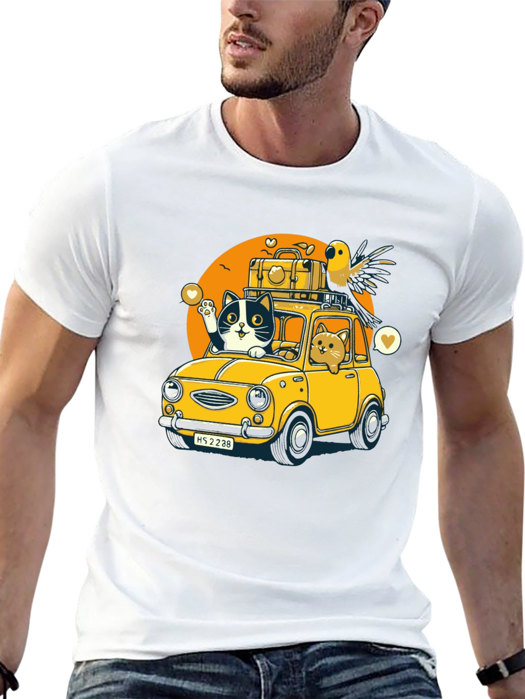 Cat & Bird Travel T-Shirt - Novelty Graphic Tee