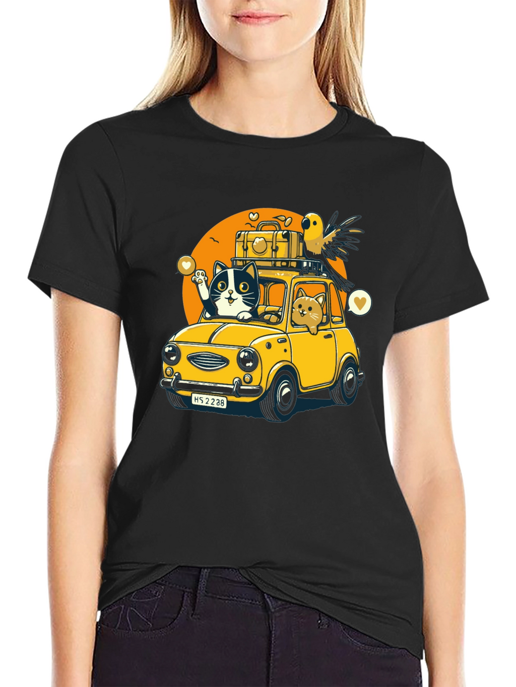 Cat & Bird Travel T-Shirt - Novelty Graphic Tee