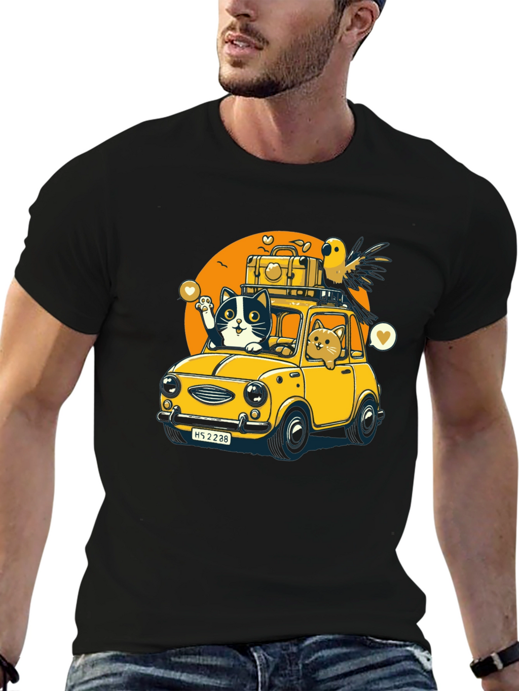 Cat & Bird Travel T-Shirt - Novelty Graphic Tee