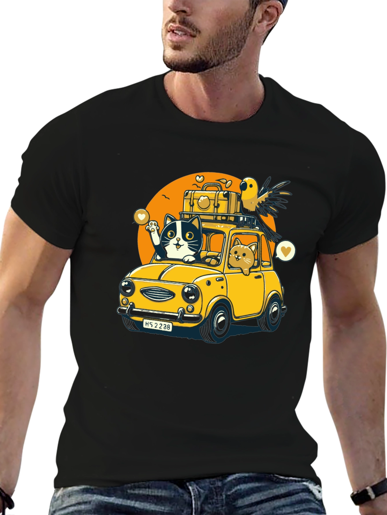 Cat & Bird Travel T-Shirt - Novelty Graphic Tee
