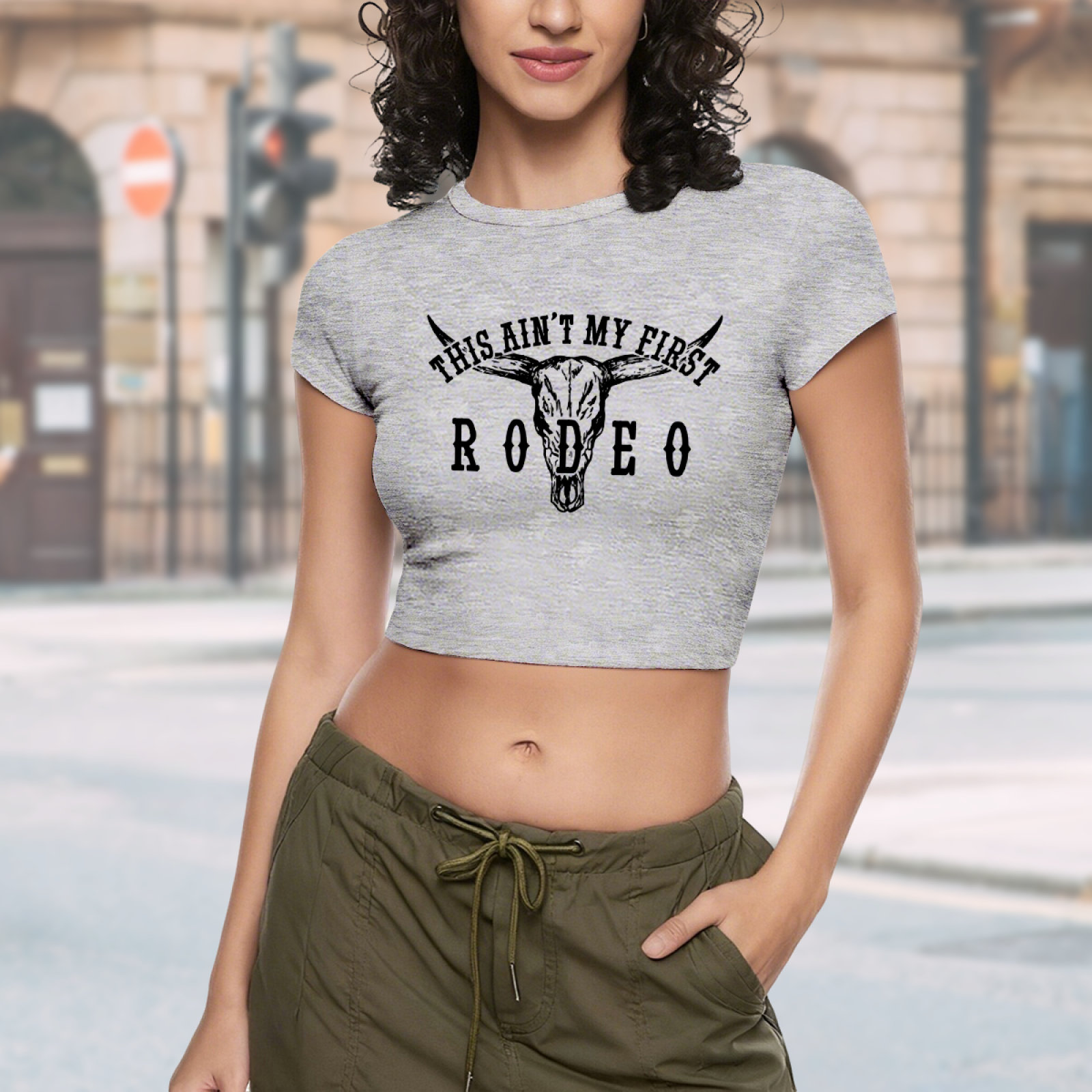 This Ain¡¯t My First Rodeo Western Cow Skull Vintage Grey Crop Top