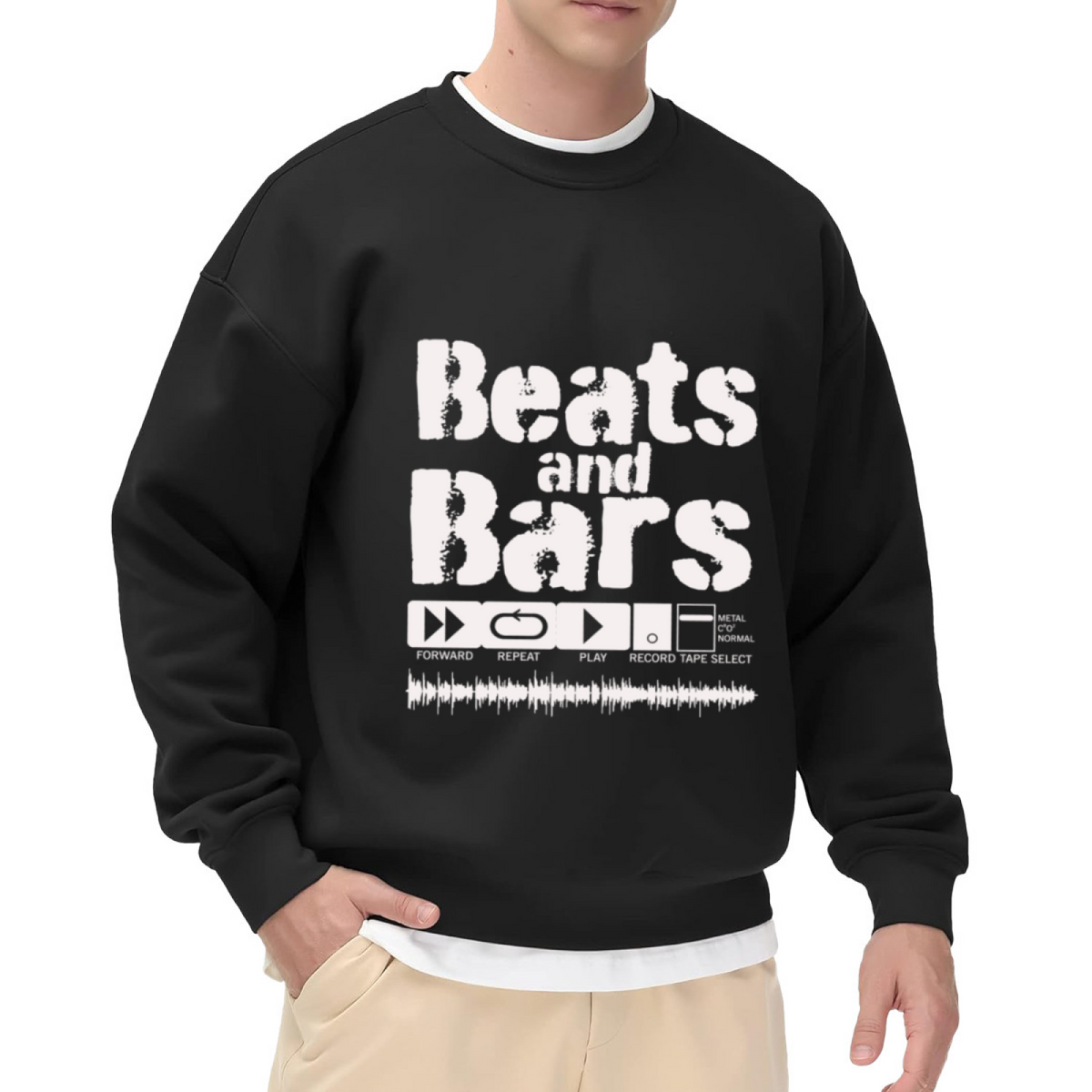 Beats and Bars Retro Hip Hop Audio Player Crewneck Sweatshirt, Vintage Music Graphic Pullover