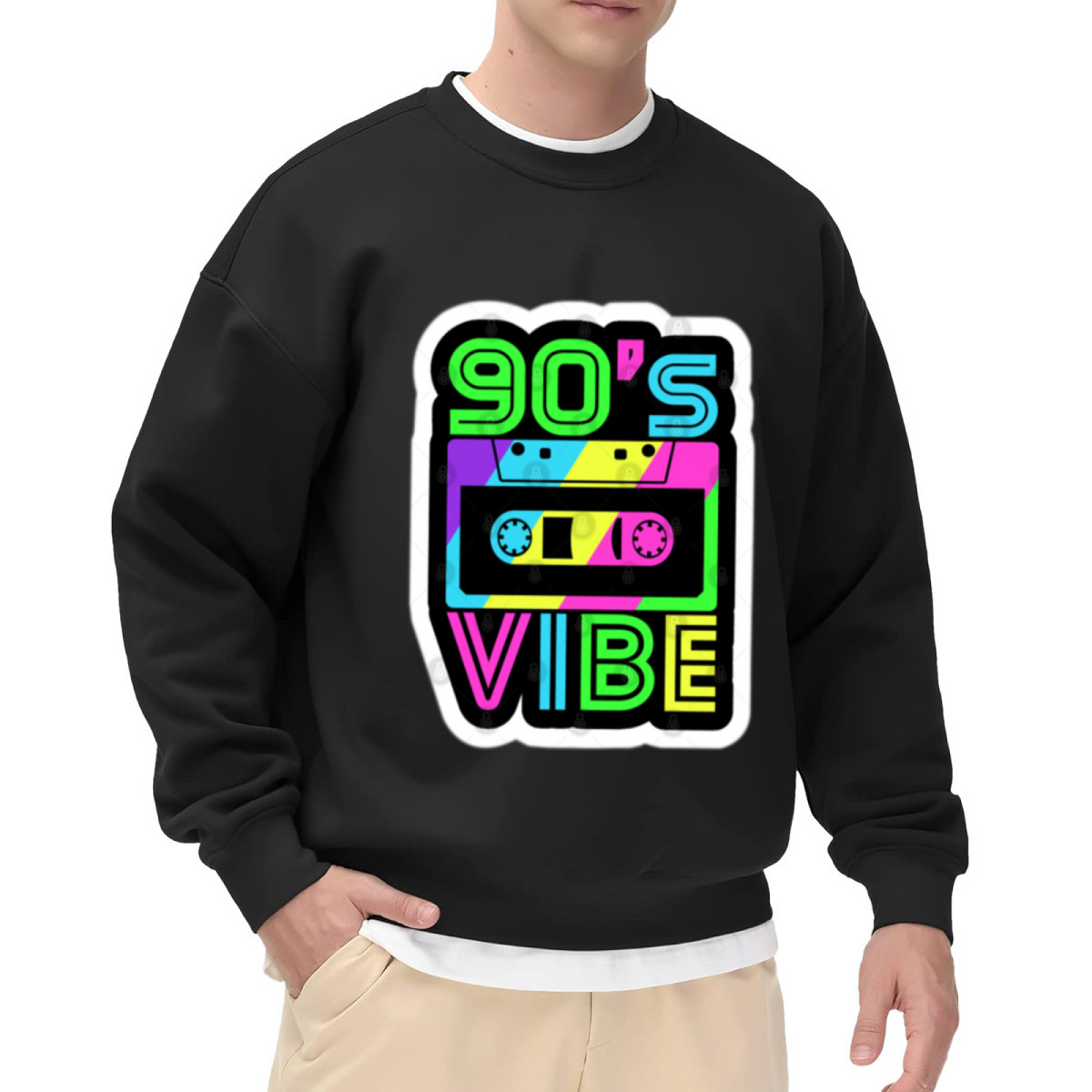 90's Vibe Retro Cassette Tape Neon Crewneck Sweatshirt | 90s Throwback Sticker Graphic Pullover, Nostalgia Gift Top