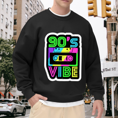 90's Vibe Retro Cassette Tape Neon Crewneck Sweatshirt | 90s Throwback Sticker Graphic Pullover, Nostalgia Gift Top
