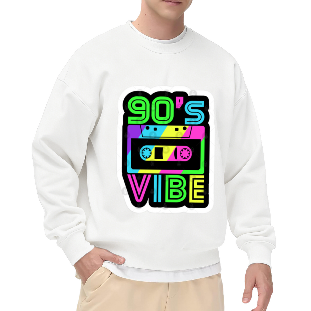 90's Vibe Retro Cassette Tape Neon Crewneck Sweatshirt | 90s Throwback Sticker Graphic Pullover, Nostalgia Gift Top