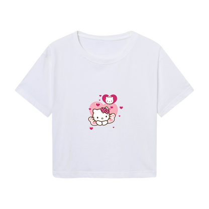 Lovely Bow Hello Kitty Holding Heart White Casual Cropped Top Summer Tee