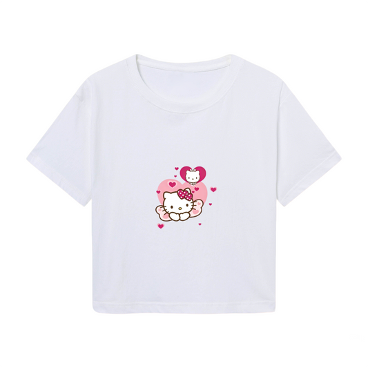 Lovely Bow Hello Kitty Holding Heart White Casual Cropped Top Summer Tee