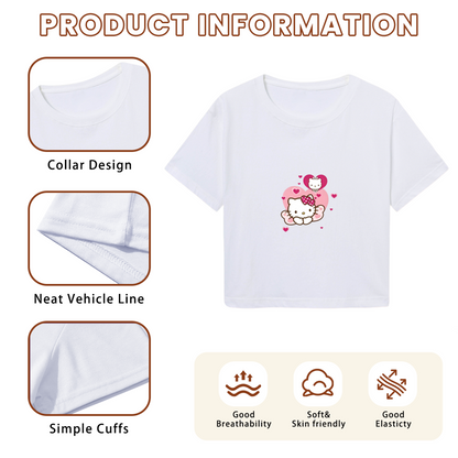Lovely Bow Hello Kitty Holding Heart White Casual Cropped Top Summer Tee