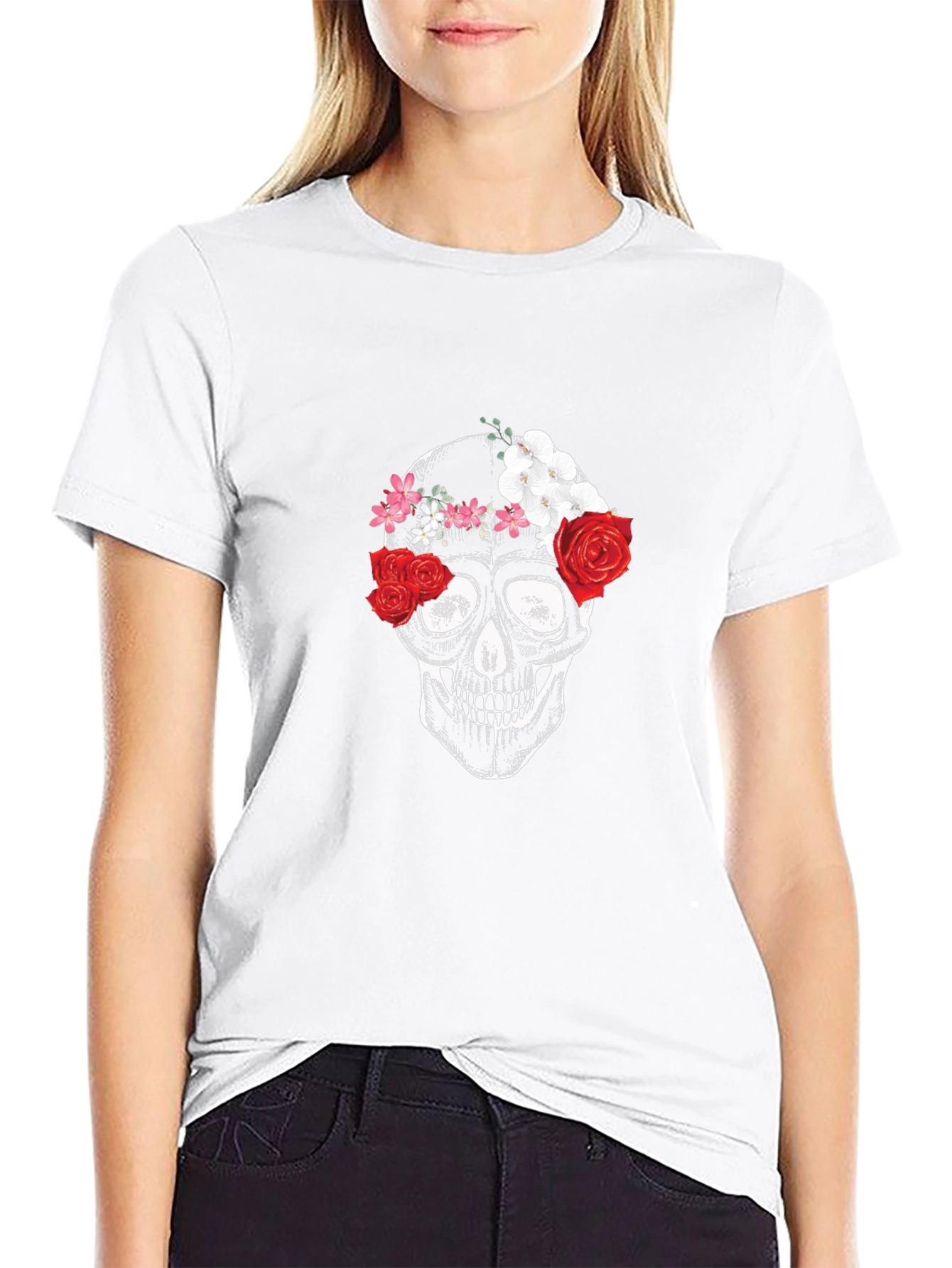 Floral Skull Graphic Tee - Black
