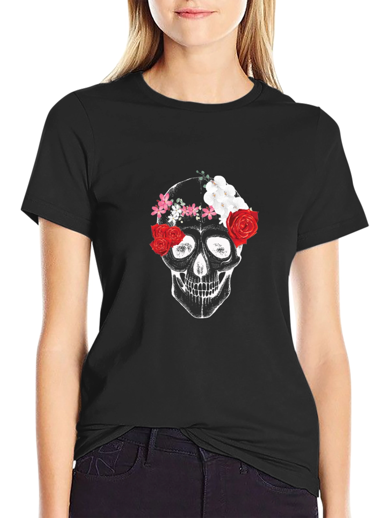 Floral Skull Graphic Tee - Black