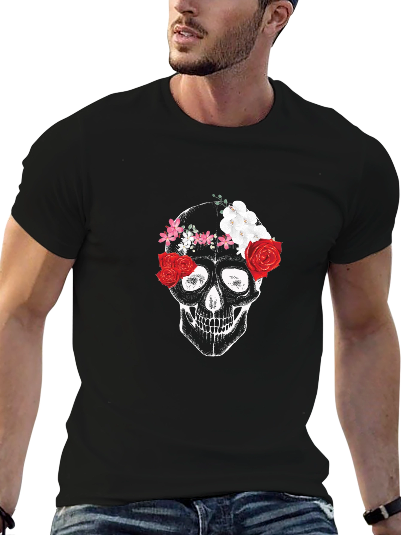 Floral Skull Graphic Tee - Black