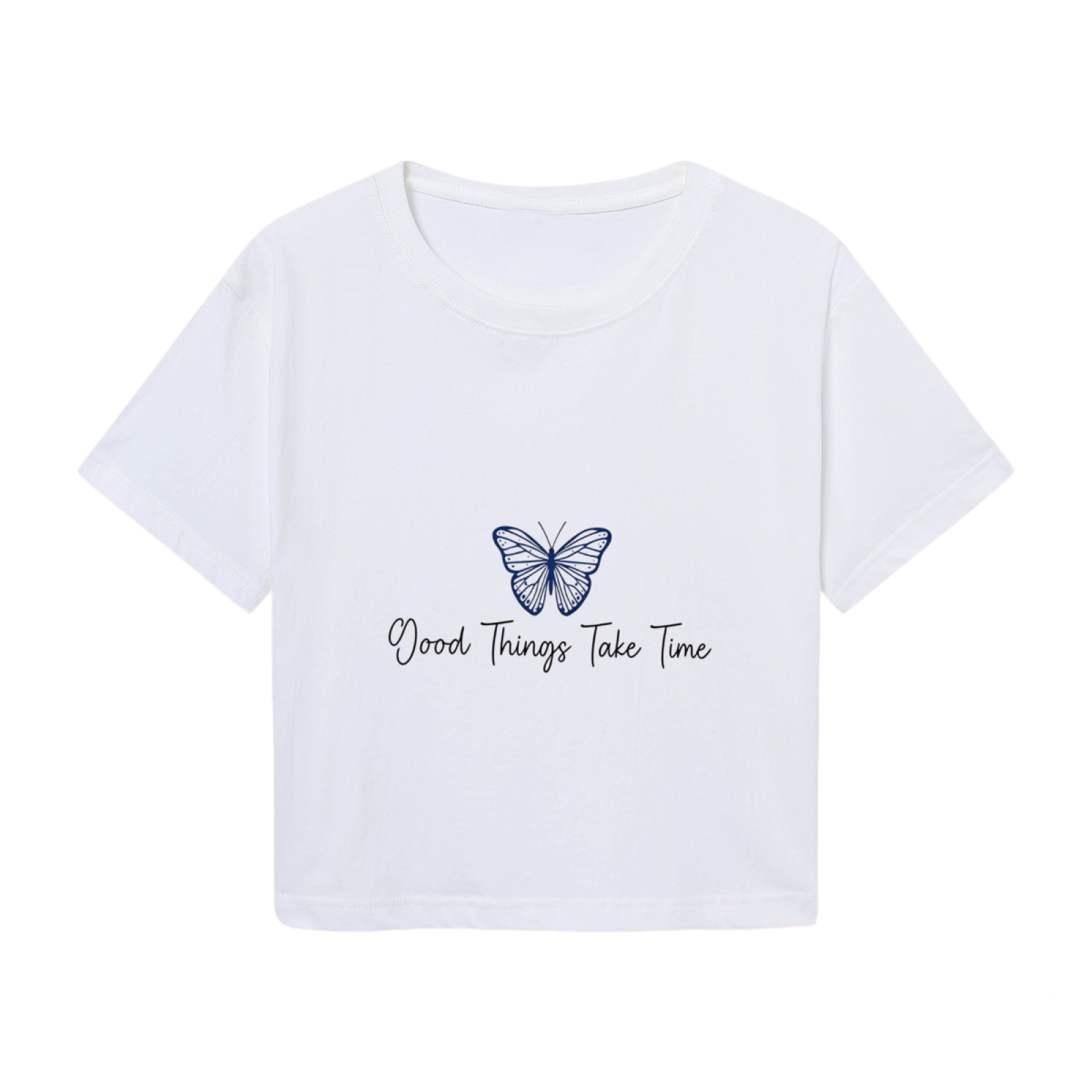 Good Things Take Time Blue Butterfly White Crop Top ¨C Calm Aesthetic Floral Tee