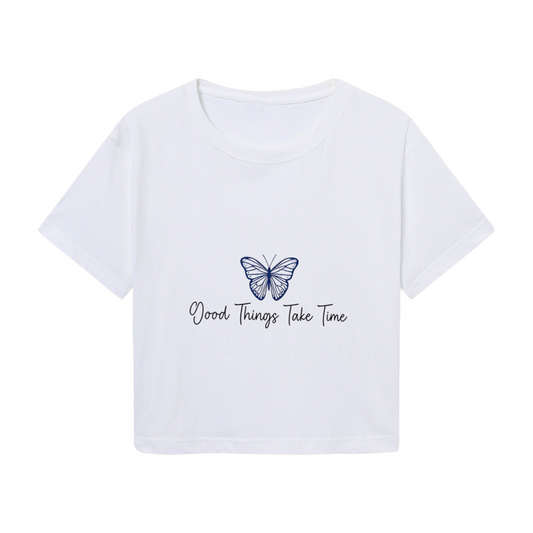 Good Things Take Time Blue Butterfly White Crop Top ¨C Calm Aesthetic Floral Tee