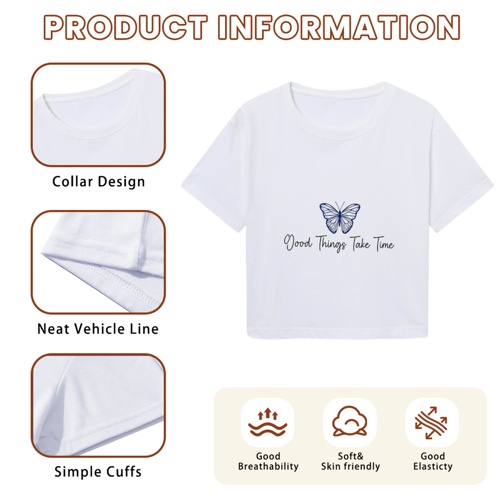 Good Things Take Time Blue Butterfly White Crop Top ¨C Calm Aesthetic Floral Tee