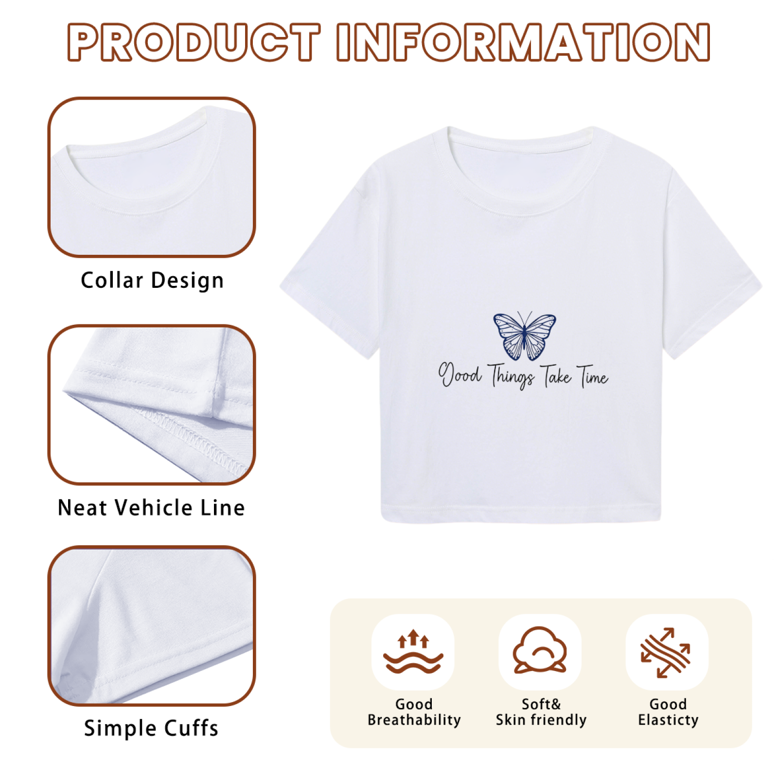 Good Things Take Time Blue Butterfly White Crop Top ¨C Calm Aesthetic Floral Tee