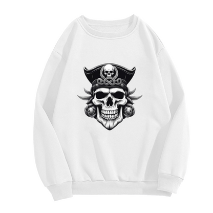 Pirate Skull Tricorn Hat Crewneck Sweatshirt | Dark Gothic Pirate Graphic Pullover, Detailed Skeleton Streetwear Top, Halloween Gift