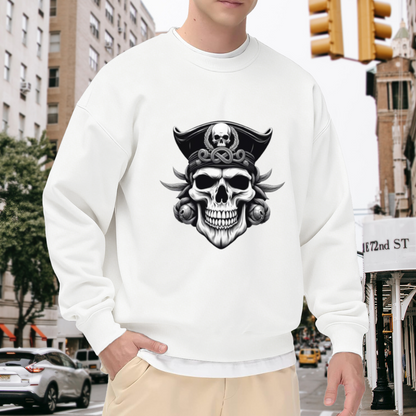 Pirate Skull Tricorn Hat Crewneck Sweatshirt | Dark Gothic Pirate Graphic Pullover, Detailed Skeleton Streetwear Top, Halloween Gift
