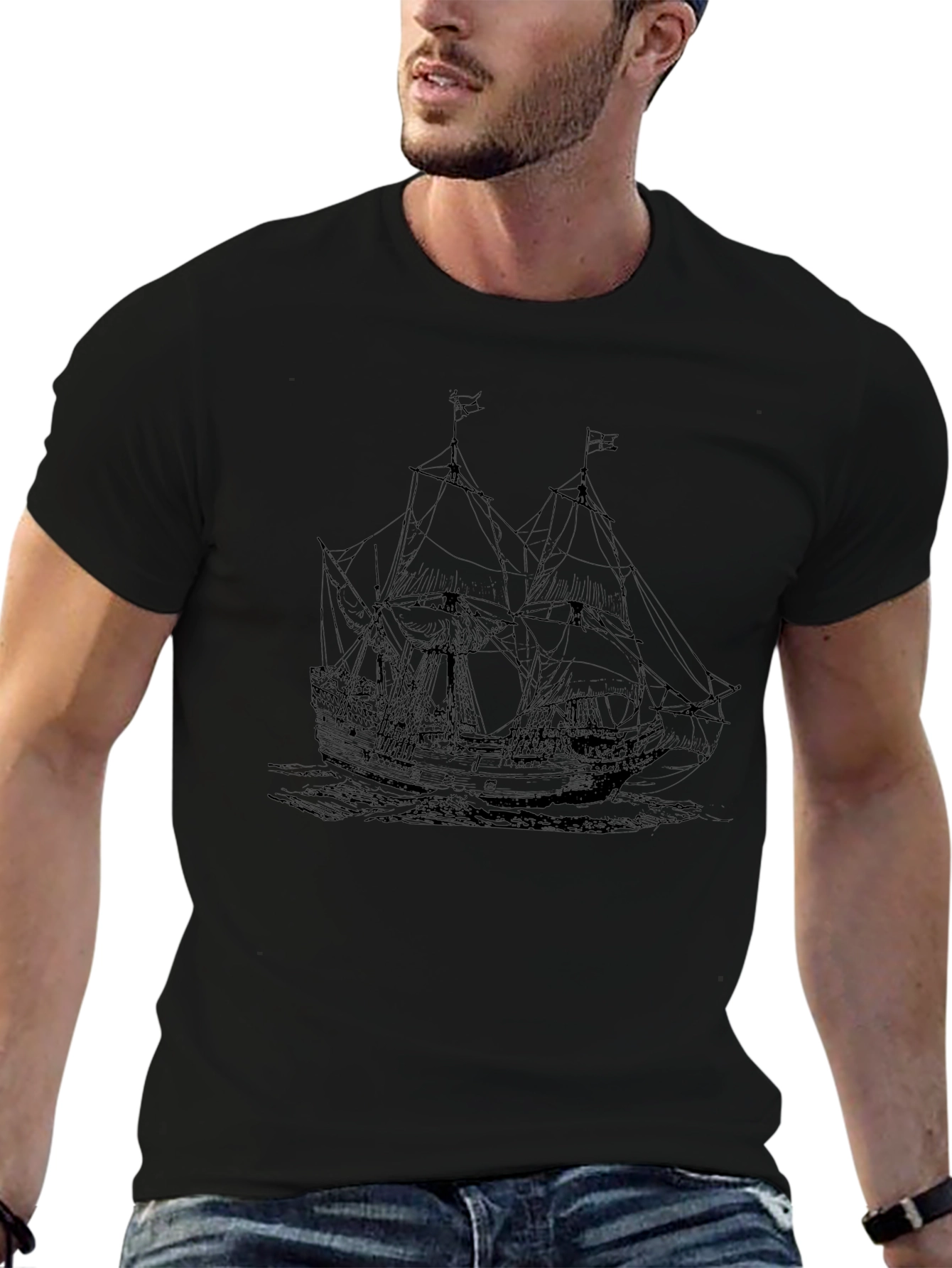 Nautical Ship Graphic Tee - Black