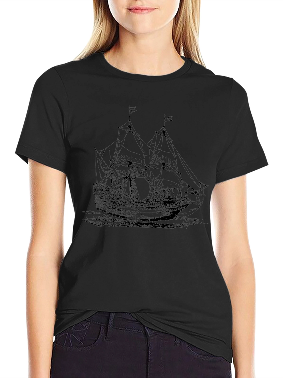 Nautical Ship Graphic Tee - Black