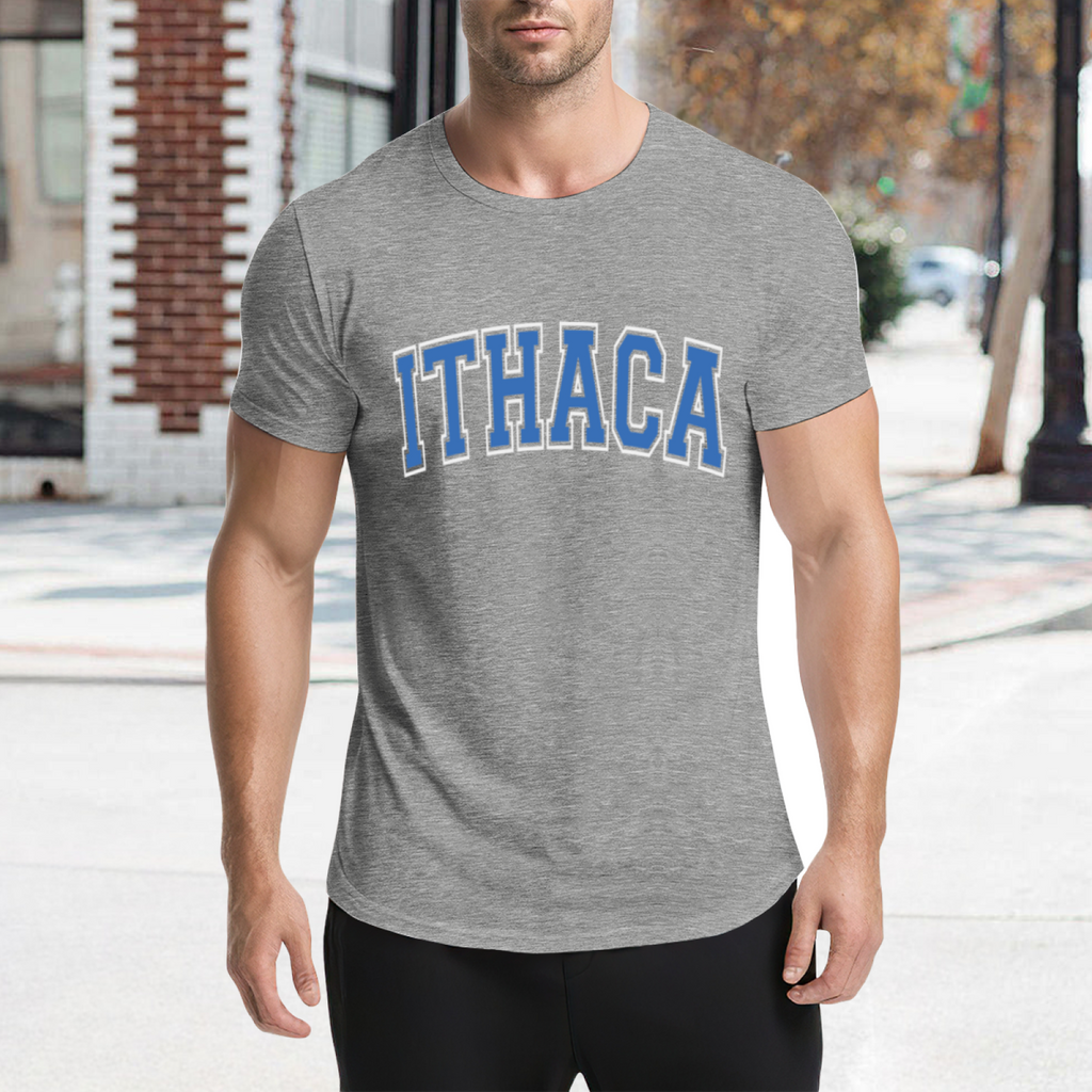 Vintage Ithaca College Letter Print Grey T-Shirt, Preppy Campus Couple Casual Top