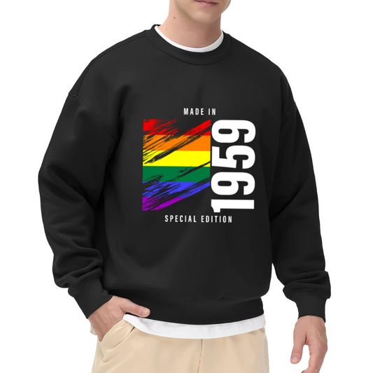 Special Edition Made in 1959 Crewneck Sweatshirt with Retro Rainbow Brushstroke Graphic