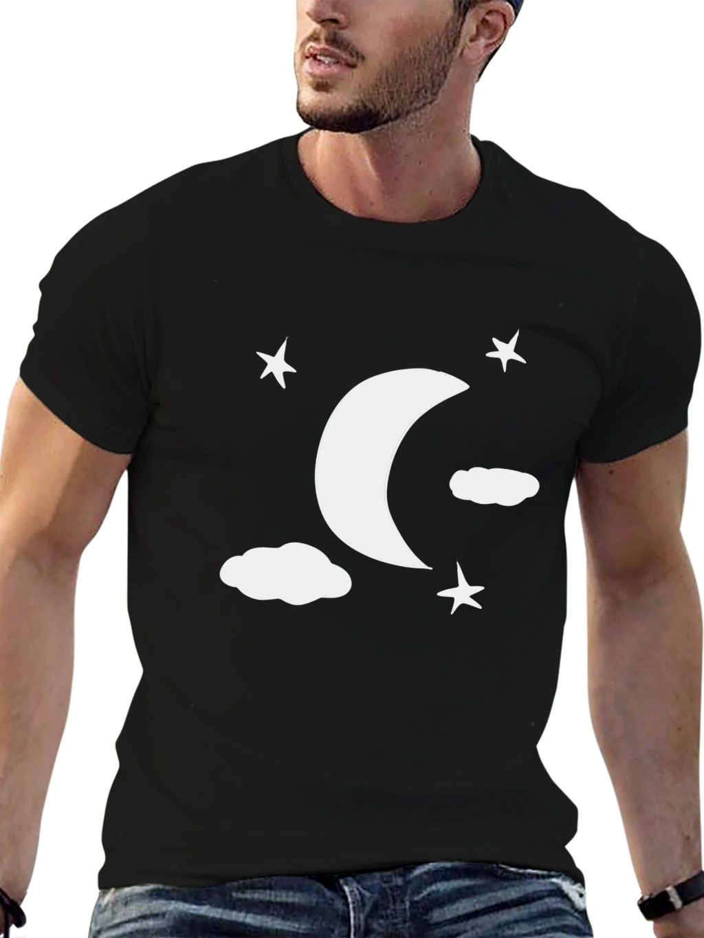 Moon Stars Clouds Graphic Tee - Black Casual Shirt