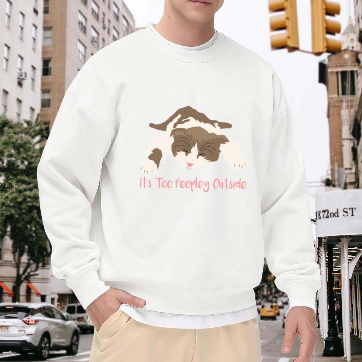 It's Too Peopley Outside Cat Crewneck Sweatshirt | Funny Cat Quote Pullover, Cute Cartoon Cat Graphic Top, Cat Mom Gift