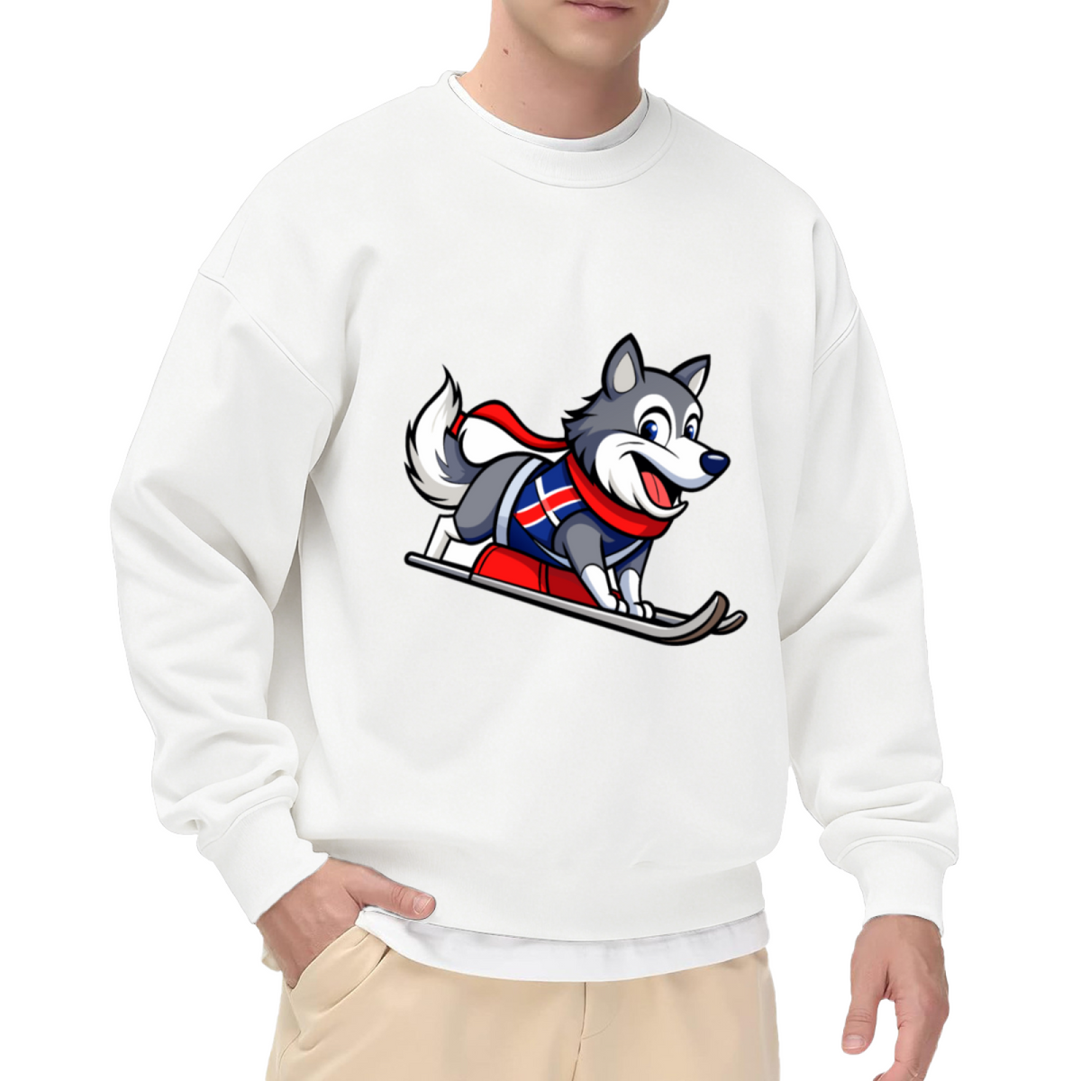 Cartoon Husky Skiing with Norway Flag Design Winter Fun Crewneck Sweatshirt