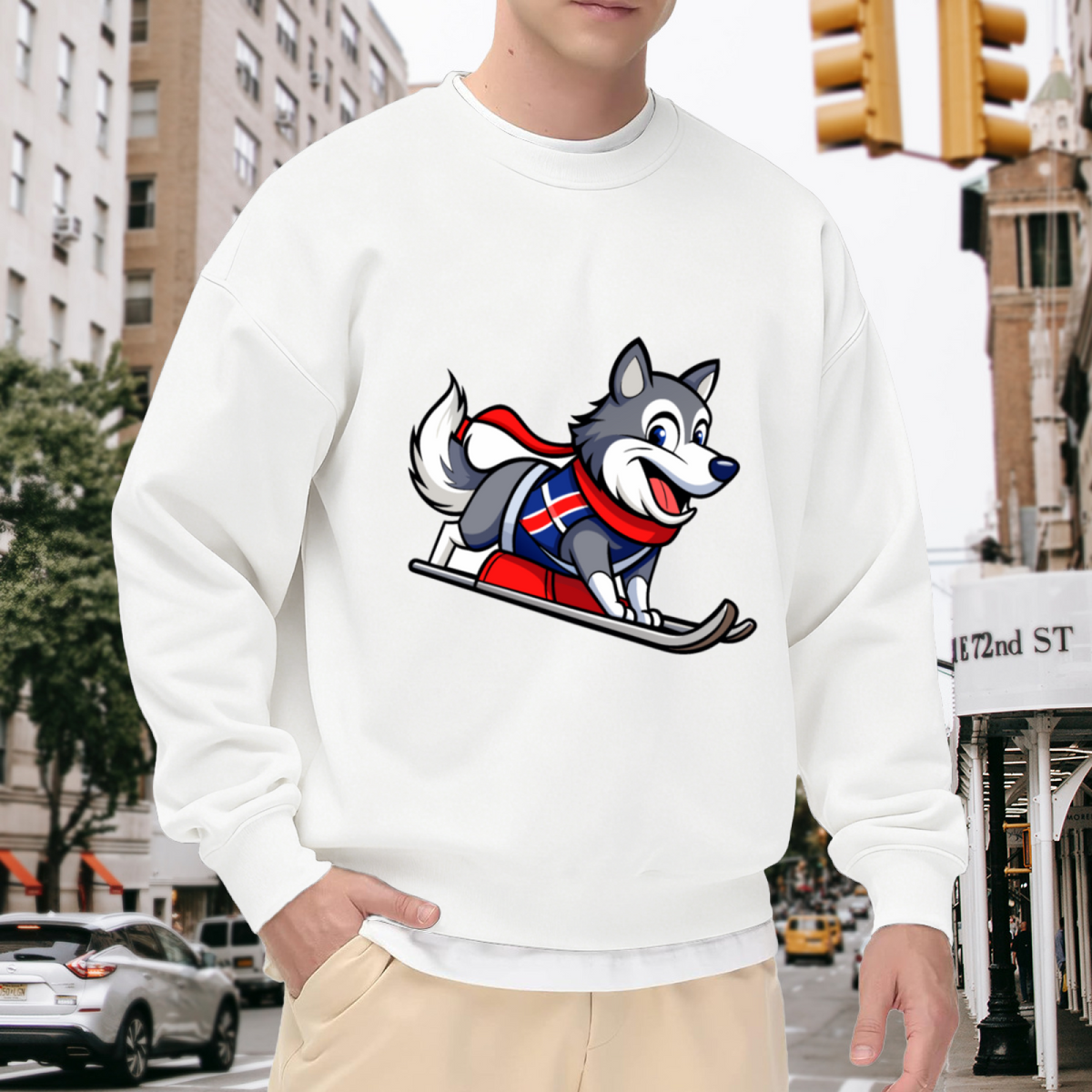 Cartoon Husky Skiing with Norway Flag Design Winter Fun Crewneck Sweatshirt