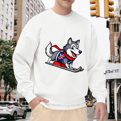 Cartoon Husky Skiing with Norway Flag Design Winter Fun Crewneck Sweatshirt