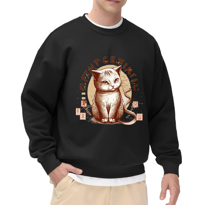Vintage Cat Curved Lettering Crewneck Sweatshirt | Retro Distressed Pet Graphic Pullover, Hand-Drawn Badge Style Top, Cat Lover Gift