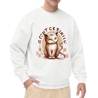 Vintage Cat Curved Lettering Crewneck Sweatshirt | Retro Distressed Pet Graphic Pullover, Hand-Drawn Badge Style Top, Cat Lover Gift