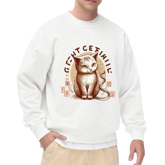 Vintage Cat Curved Lettering Crewneck Sweatshirt | Retro Distressed Pet Graphic Pullover, Hand-Drawn Badge Style Top, Cat Lover Gift