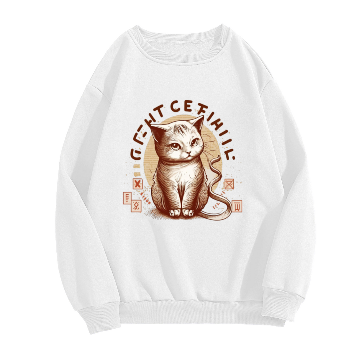 Vintage Cat Curved Lettering Crewneck Sweatshirt | Retro Distressed Pet Graphic Pullover, Hand-Drawn Badge Style Top, Cat Lover Gift