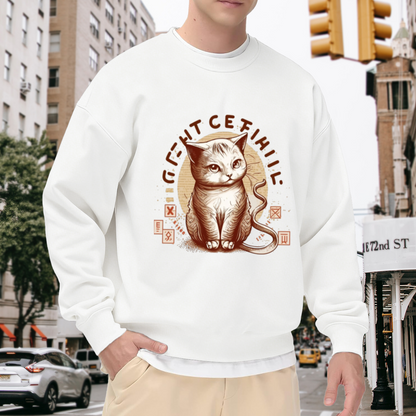 Vintage Cat Curved Lettering Crewneck Sweatshirt | Retro Distressed Pet Graphic Pullover, Hand-Drawn Badge Style Top, Cat Lover Gift