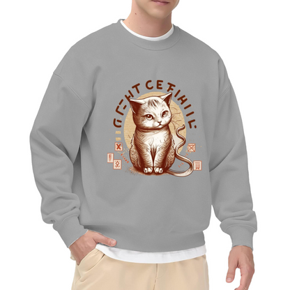 Vintage Cat Curved Lettering Crewneck Sweatshirt | Retro Distressed Pet Graphic Pullover, Hand-Drawn Badge Style Top, Cat Lover Gift