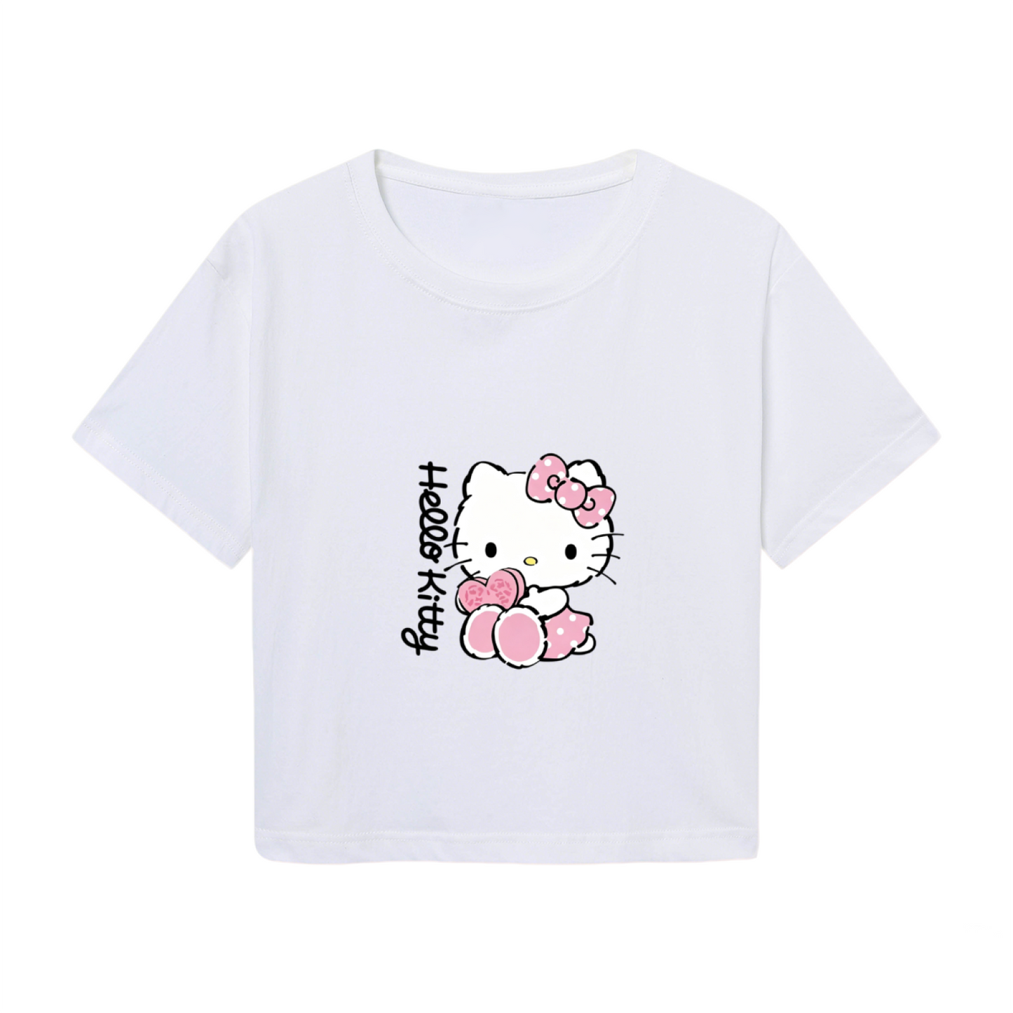 Adorable Heart Decor Hello Kitty White Cropped Top Sweet Girl Crop Tee