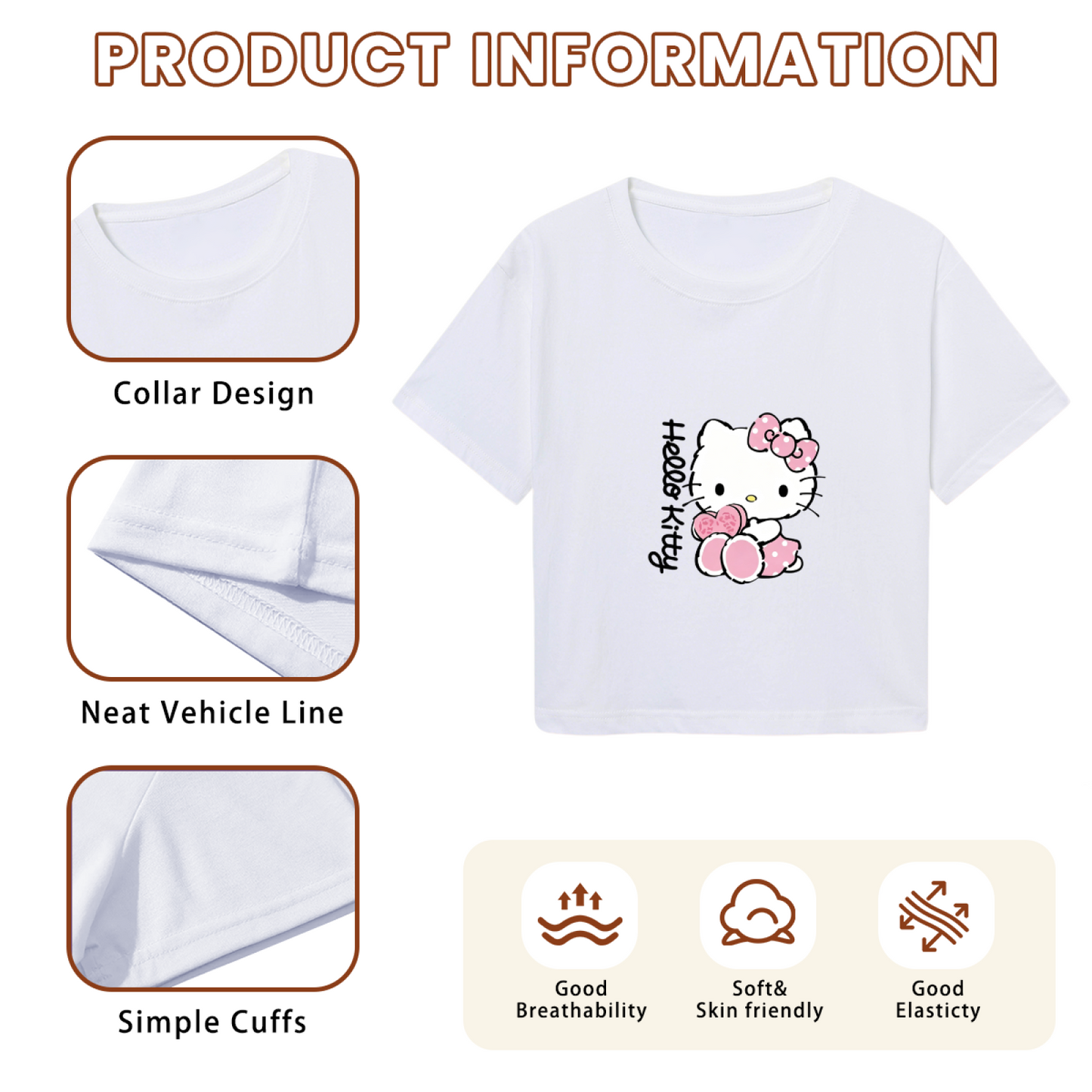 Adorable Heart Decor Hello Kitty White Cropped Top Sweet Girl Crop Tee
