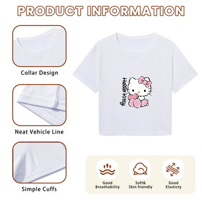 Adorable Heart Decor Hello Kitty White Cropped Top Sweet Girl Crop Tee