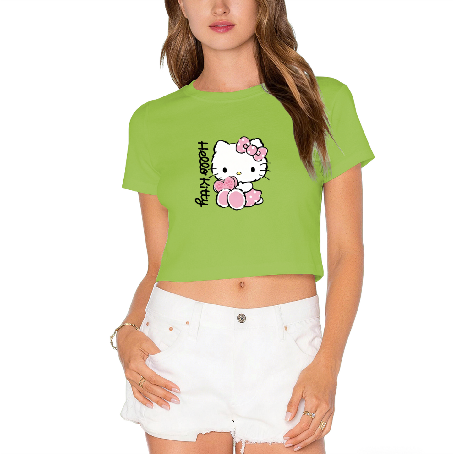 Adorable Heart Decor Hello Kitty White Cropped Top Sweet Girl Crop Tee