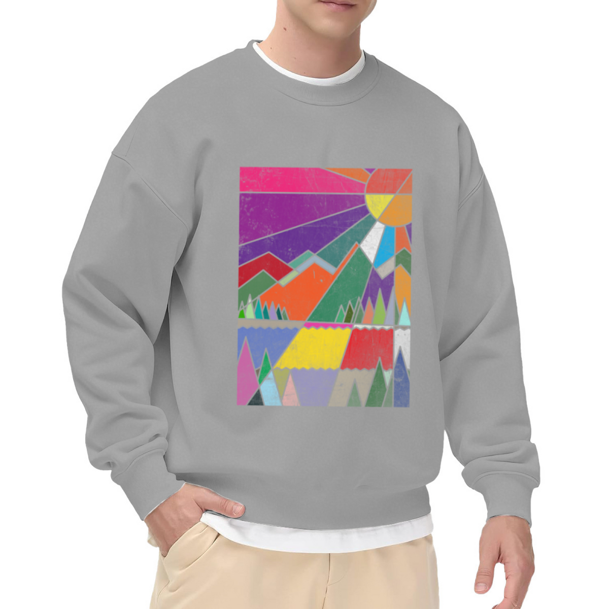 Geometric Mountains Sunset Crewneck Sweatshirt - Retro Outdoor Landscape Pullover, Colorful Nature Art, Vintage Scenery Top