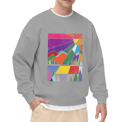 Geometric Mountains Sunset Crewneck Sweatshirt - Retro Outdoor Landscape Pullover, Colorful Nature Art, Vintage Scenery Top